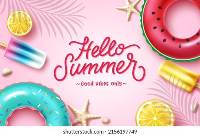 Summer season vector background design. Hello summer text with tropical season elements of floaters, popsicle and lemon fruit in pink decoration for sunny holiday greeting. Vector illustration.
