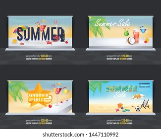 Summer Season Vector Background. Holiday Concept Advertising Design Set.  Print Ready Ad or Website Horizontal Template Collection