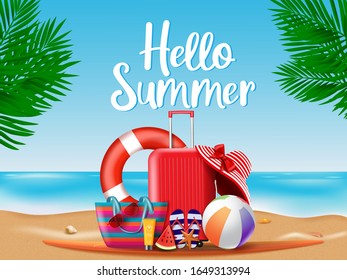 Summer season vector concept. Hello summer greeting text with summer vacation travel elements of luggage, hat, mobile phone, beach bag, sunglasses, slippers and sunscreen  in beach background.