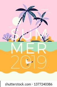 Summer Season vector concept in trendy flat style featuring beach scenery with palm trees