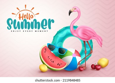 Diseño vectorial de temporada de verano. Hola texto de tipografía de verano con flamingo, frutas y elementos flotantes para diversión y disfrutar de la decoración de vacaciones de vacaciones. Ilustración vectorial.
