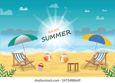 Summer season vector design. Hello summer typography text with tropical holiday elements in sand beach background for fun and enjoy outdoor day vacation. Vector illustration.