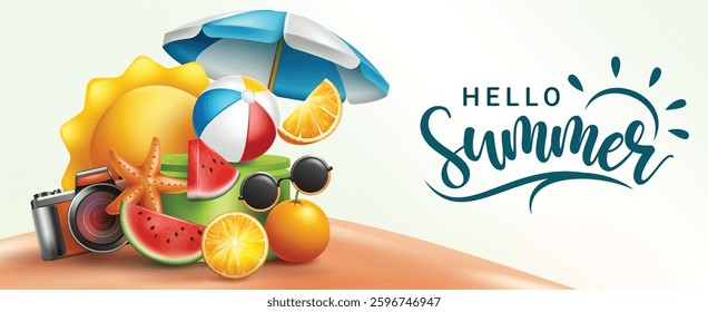 Summer season vector design. Hello summer typography text with tropical holiday elements in sand beach background for fun and enjoy outdoor day vacation. Vector illustration.
