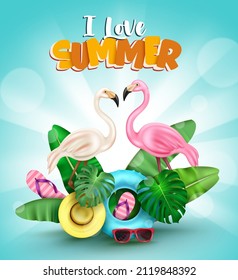 Summer season vector design. I love summer typography text with flamingo, banana and monstera leaves tropical elements for fun and relax vacation season. Vector illustration.
