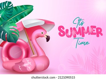 Summer season vector design. It's summer time typography text in pink background with flamingo floaters, umbrella and leaves for tropical holiday messages. Vector illustration.
