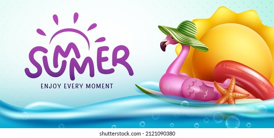 Summer season vector design. Summer typography text in blue sea background with flamingo and sun floater elements for fun and enjoy water swimming tropical outdoor. Vector illustration.
