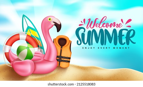 Summer season vector design. Welcome summer greeting text with flamingo and tropical objects in sand and skies background for outdoor holiday vacation. Vector illustration.
