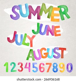 Summer season vector hand drawn watercolor names