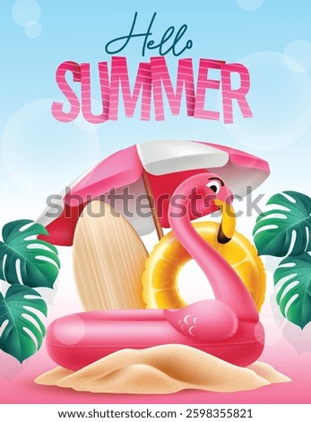 Summer season vector poster design. Hello summer text with flamingo floater, umbrella and monstera leaves in sand island for tropical season decoration. Vector illustration.
