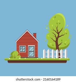Summer season in the village. Red cottage, fence, green tree and lawn with flowers. Summer landscape. Countryside life. Vector illustration in flat cartoon style.