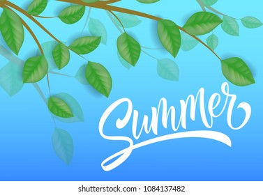 Summer seasonal banner design with tree branches and leaves on sky blue background. Typed and calligraphic text can be used for greeting cards, postcards, flyers, signs, posters.