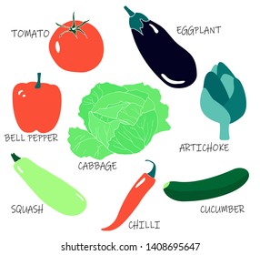 Summer seasonal collection - tomato; eggplant; cabbage; chilli; cucumber; artichoke; squash; bell pepper. Vector illustration of vegetables. Menu design. 