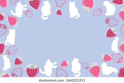 Summer seasonal frame with hand drawn sweet juicy strawberry fruit and cat silhouettes, vector illustration.