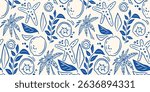 Summer seasonal Mediterranean seamless pattern background vector. Italian wallpaper of tropical plant, coconut tree, crab, fish, hibiscus flower. Summer doodle design for fabric, prints packaging.