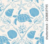 Summer seasonal Mediterranean seamless pattern background vector. Italian wallpaper of turtle, coral, starfish, shell. Summer doodle design for fabric, prints, banner, packaging, tile.