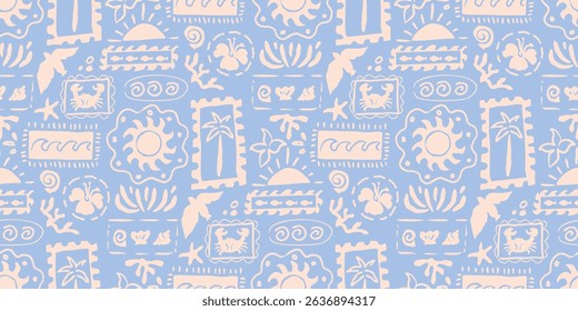 Summer seasonal Mediterranean seamless pattern background vector. Italian wallpaper of tropical plant, coconut tree, crab, fish, hibiscus flower. Summer doodle design for fabric, prints packaging.