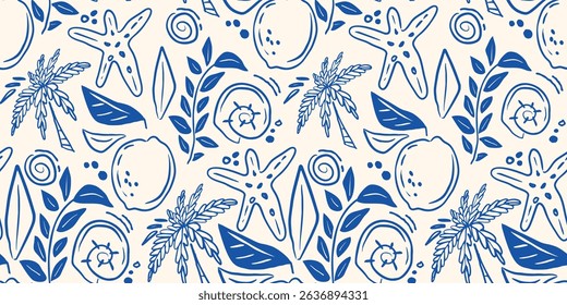 Summer seasonal Mediterranean seamless pattern background vector. Italian wallpaper of tropical plant, coconut tree, crab, fish, hibiscus flower. Summer doodle design for fabric, prints packaging.