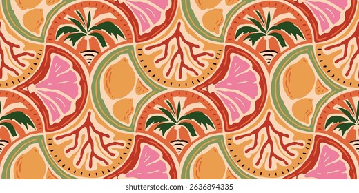 Summer seasonal Mediterranean seamless pattern background vector. Italian wallpaper of coconut tree, lemon, coral, flower. Summer doodle design for fabric, prints, banner, packaging, tile.