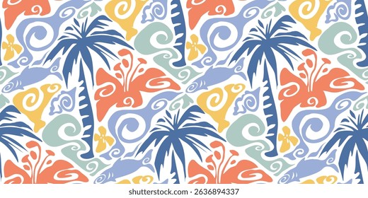 Summer seasonal Mediterranean seamless pattern background vector. Italian wallpaper of coconut tree, hibiscus, fish. Summer doodle design for fabric, prints, banner, packaging, tile.