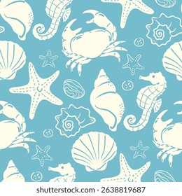 Summer seasonal Mediterranean seamless pattern background vector. Italian wallpaper of crab, seahorse, starfish, scallop, shell. Summer doodle design for fabric, prints, banner, packaging, tile.