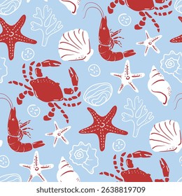 Summer seasonal Mediterranean seamless pattern background vector. Italian wallpaper of crab, starfish, coral, shell, shrimp. Summer doodle design for fabric, prints, banner, packaging, tile.