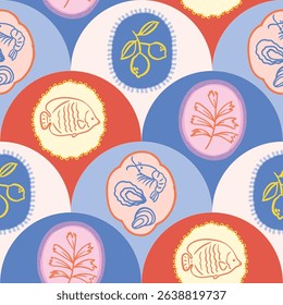 Summer seasonal Mediterranean seamless pattern background vector. Italian wallpaper of fish, shrimp, oyster, lemon, leaves. Summer doodle design for fabric, prints, banner, packaging, tile.