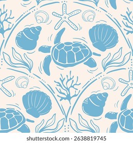 Summer seasonal Mediterranean seamless pattern background vector. Italian wallpaper of turtle, coral, starfish, shell. Summer doodle design for fabric, prints, banner, packaging, tile.