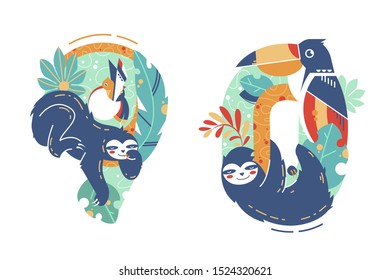 Summer seasonal numbers of nine, zero and animal. Isolated concept holiday symbols of sunny toucan, plants and tropical sloth. Vector illustration.