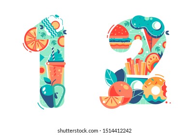 Summer seasonal numbers of one, two and twelve. Isolated concept holiday symbols of sunny food, fruits, burger and tropical fresh cocktail. Vector illustration.