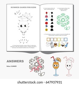 Summer Seasonal Page with kid games. Hidden word, maze way and find shadow playing. Dot to dot educational game for kids.