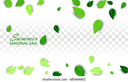 Summer seasonal sale concept with flying green leaves foliage on white transparent background. Vector illustration. All isolated and layered