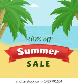 Summer seasonal sale flat banner template. Hot season 50 percent discount on seascape with palm trees background. Reduced price promo on red ribbon advertising, seasonal clearance offer poster layout