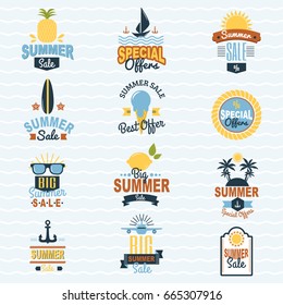 Summer seasonal sale shopping offer logo badge discount vector illustration summertime vacation travel sunny logotype