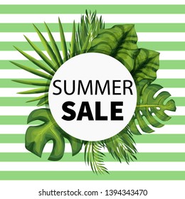 Summer seasonal sale vector template. Banner with exotic jungle plant. 