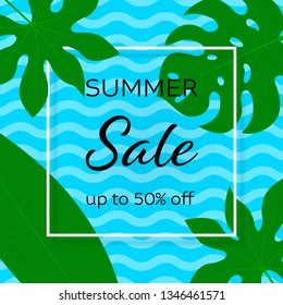 Summer seasonal sale vector web banner template. Exotic vacation special offer promotion.  Advertising social media post layout. Monstera leaves flat frame with copyspace. Sea waves cartoon background