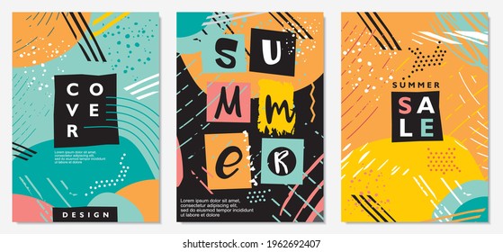 Summer seasonal sales banner or poster design idea. Abstract creative background covers and invitation or birthday card templates. Funky style colorful vector shapes and lines illustration.