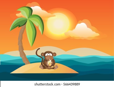 Summer, sea,waves background greeting card with monkey