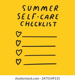 Summer self-care checklist. Vector hand drawn on yellow background.