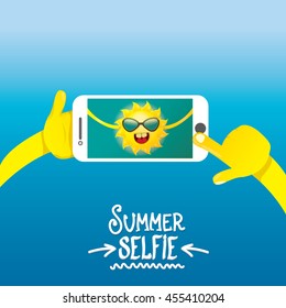 Summer selfie vector concept background. smiling Sun taking a selfie on phone. Summer fun vector banner with sun