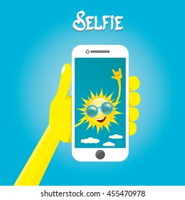 Summer selfie vector concept background. smiling Sun taking a selfie on phone. Summer fun vector banner with sun