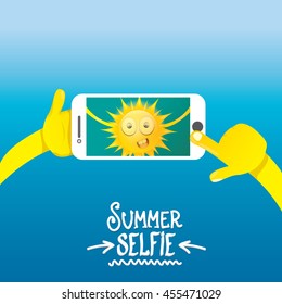 Summer selfie vector concept background. smiling Sun taking a selfie on phone. Summer fun vector banner with sun