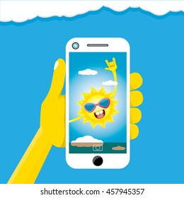 Summer selfie vector concept background. smiling Sun taking a selfie on phone. Summer fun vector banner with sun