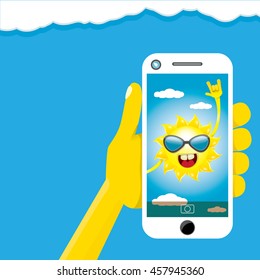 Summer selfie vector concept background. smiling Sun taking a selfie on phone. Summer fun vector banner with sun