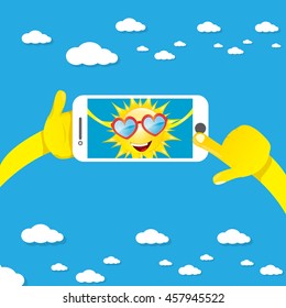 Summer selfie vector concept background. smiling Sun taking a selfie on phone. Summer fun vector banner with sun