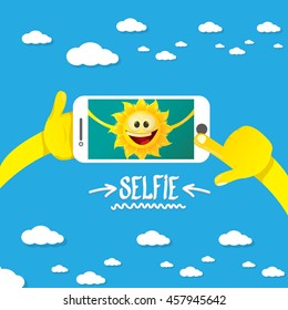 Summer selfie vector concept background. smiling Sun taking a selfie on phone. Summer fun vector banner with sun