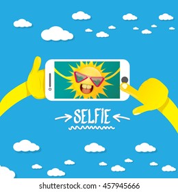Summer selfie vector concept background. smiling Sun taking a selfie on phone. Summer fun vector banner with sun