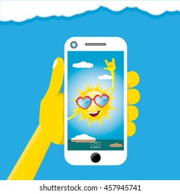 Summer selfie vector concept background. smiling Sun taking a selfie on phone. Summer fun vector banner with sun