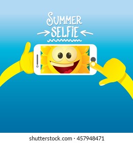 Summer selfie vector concept background. smiling Sun taking a selfie on phone. Summer fun vector banner with sun