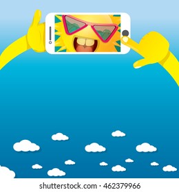 Summer selfie vector concept background. smiling Sun taking a selfie on phone. Summer fun vector banner with sun