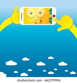 Summer selfie vector concept background. smiling Sun taking a selfie on phone. Summer fun vector banner with sun